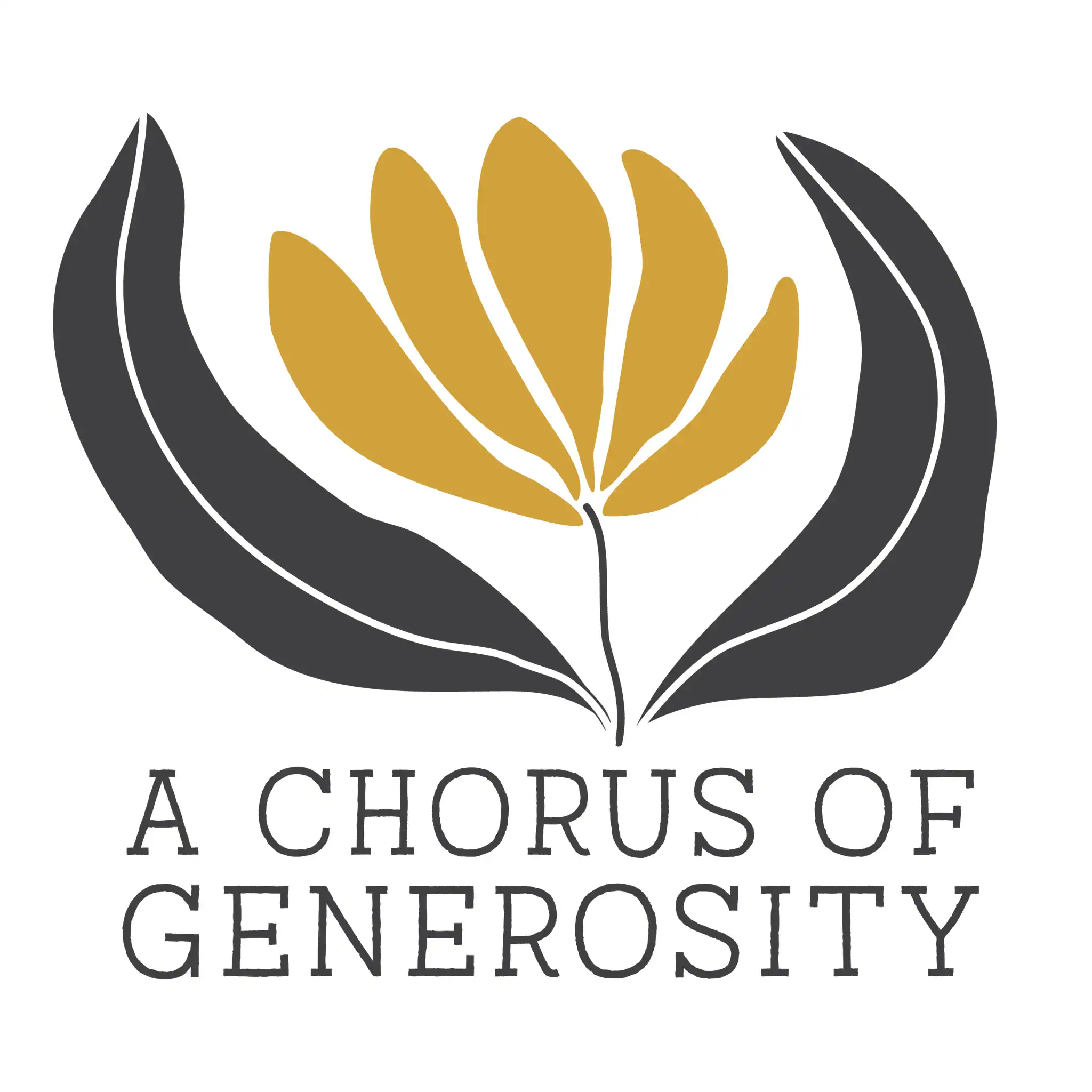 A stylized yellow and black flower with text reading "A Chorus of Generosity" below.