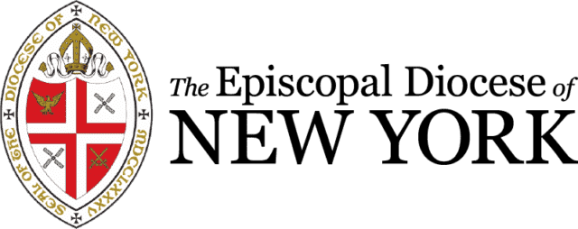 Logo of the Episcopal Diocese of New York features a shield with religious symbols, a mitre, and surrounding text on a white background.