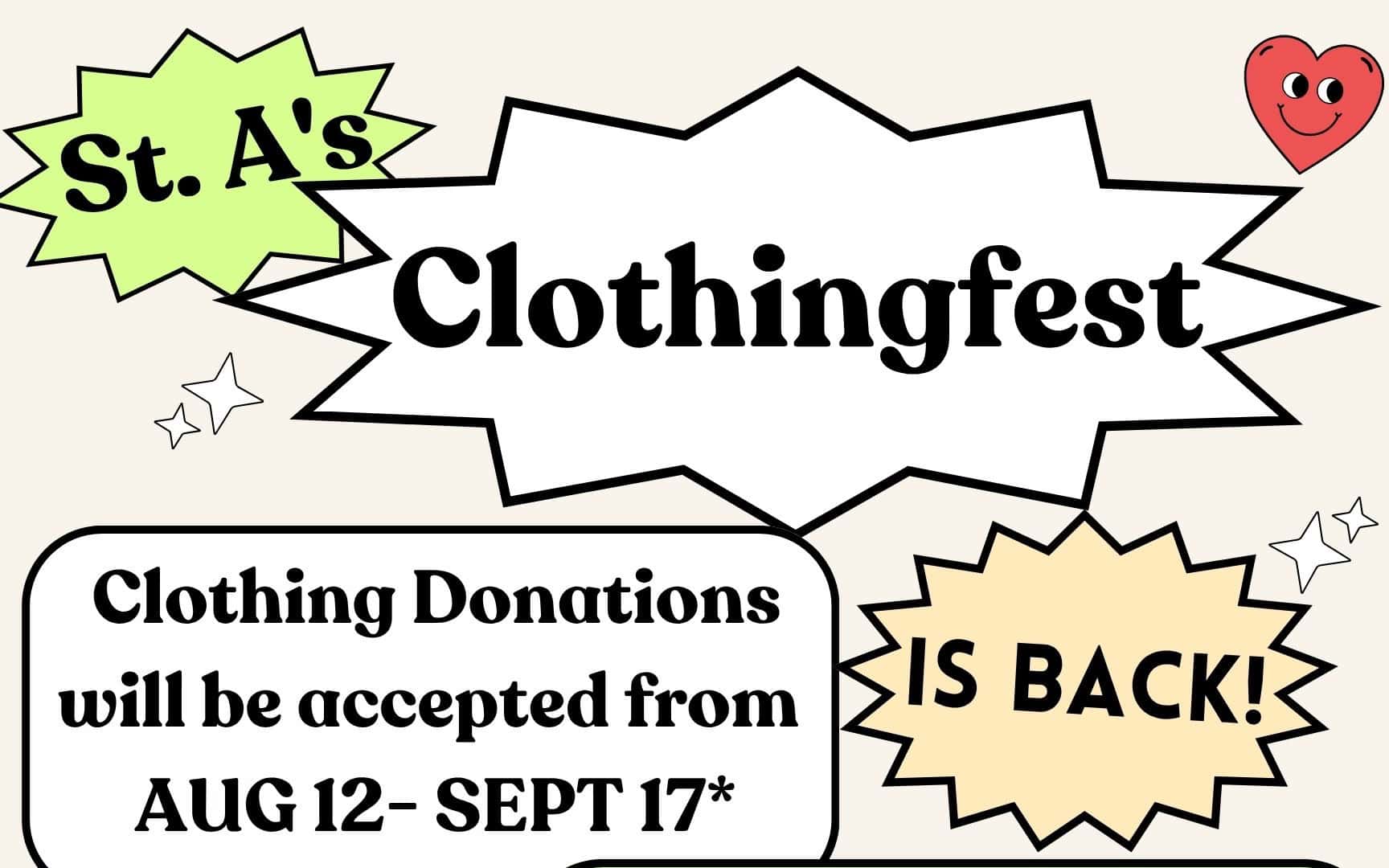 St. Augustine's Episcopal Church Clothingfest event poster with donation details.